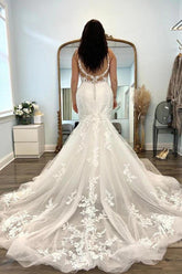 Beautiful Tulle Mermaid V-neck Lace Appliques Wedding Dresses, Bridal Gowns